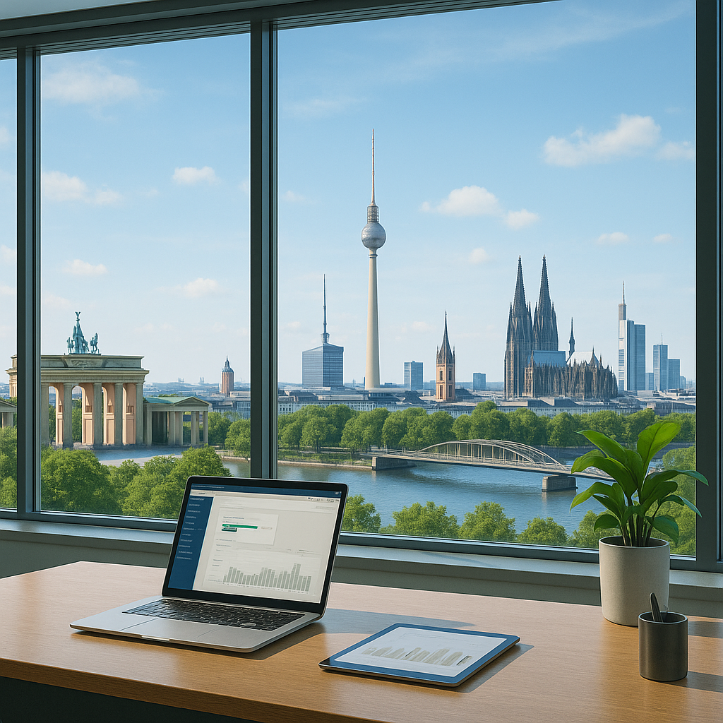 Skyline aus dem Bürofenster, zu sehen sind die Wahrzeichens Deutschlands