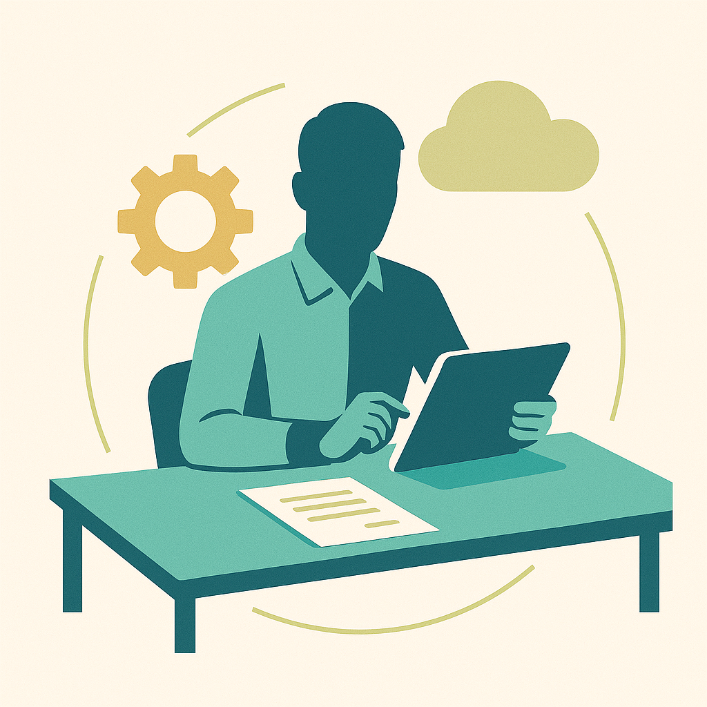 Illustration einer einzelnen Person an einem modernen Schreibtisch mit Tablet und Dokumenten. Im Hintergrund sind ein Zahnrad und eine Cloud als Symbole für Selbstorganisation und digitale Arbeitsweise dargestellt – das Bild steht für Freiberufler und Einzelunternehmer