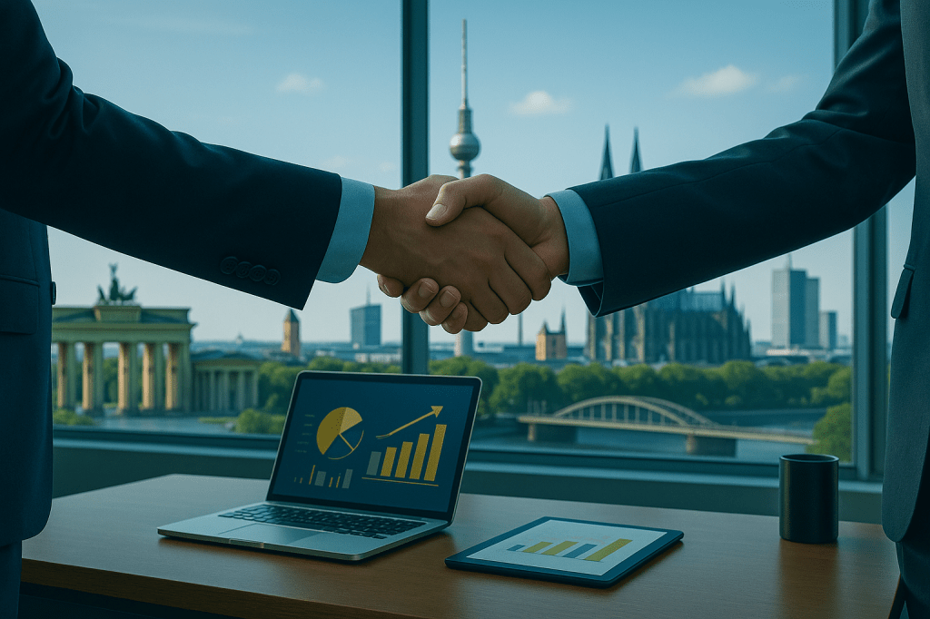 Zwei Geschäftspersonen geben sich über einem modernen Schreibtisch die Hand, im Hintergrund stilisierte Stadtsilhouetten und ein digitales Dashboard. Das Bild symbolisiert bundesweite Zusammenarbeit und digitalen Steuerberatungsservice