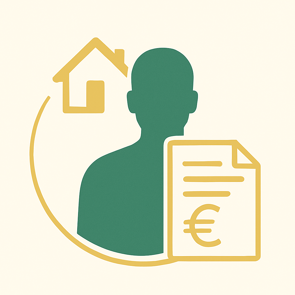 Grafik einer Person, die einen Steuerbescheid in der Hand hält, neben einem Haus-Symbol, umgeben von einem kreisförmigen Design.