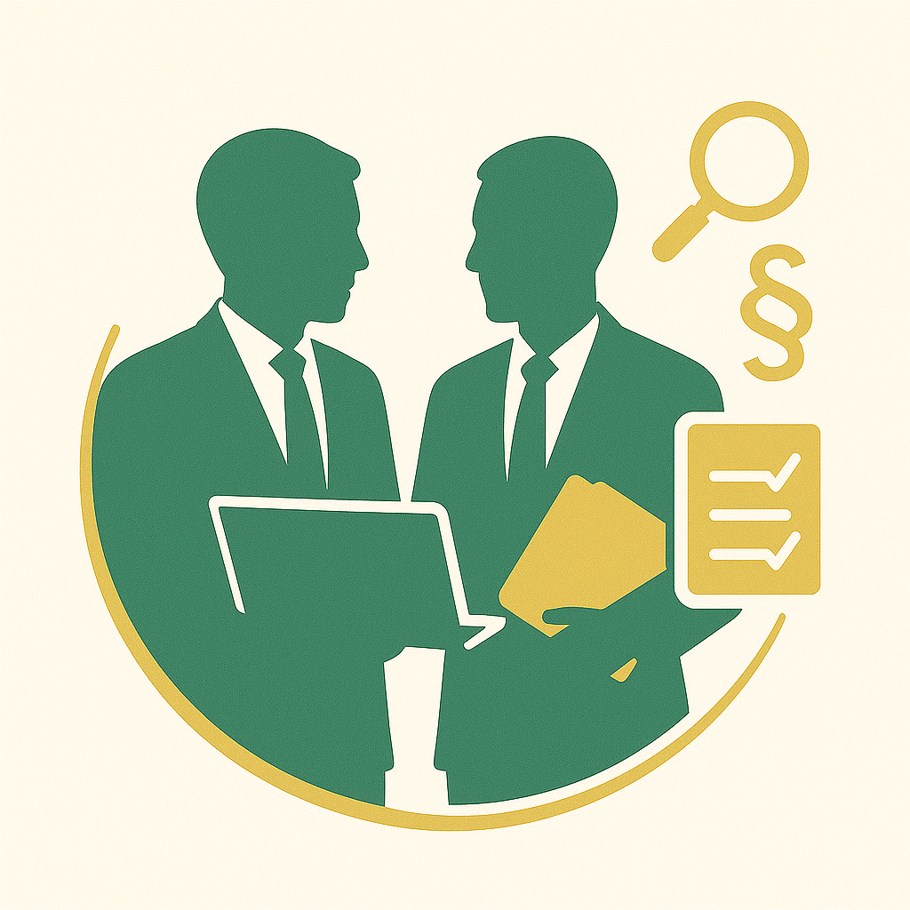 Zwei Geschäftspersonen in Anzügen, die miteinander sprechen, ein Laptop und Dokumente in der Hand haltend. Grafische Symbole wie eine Lupe und Paragraphensymbol sind im Hintergrund.